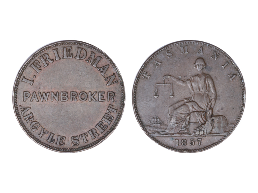 1857 Australia Tasmania Hobart I Friedman Penny Token – gVF