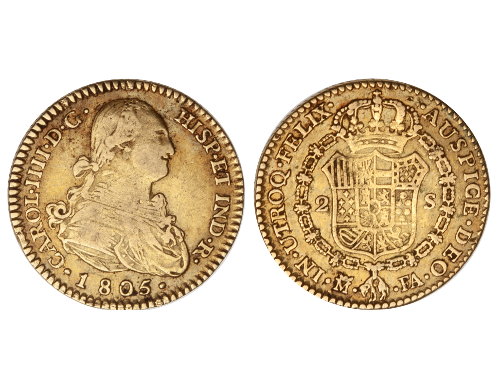 1805 Spain Carlous IIII Gold 2 Escudos – gFine