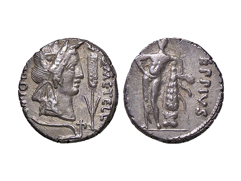 47-46BC Q. Caecilius Metellus Pius Scipio Silver Denarius – aEF/gVF