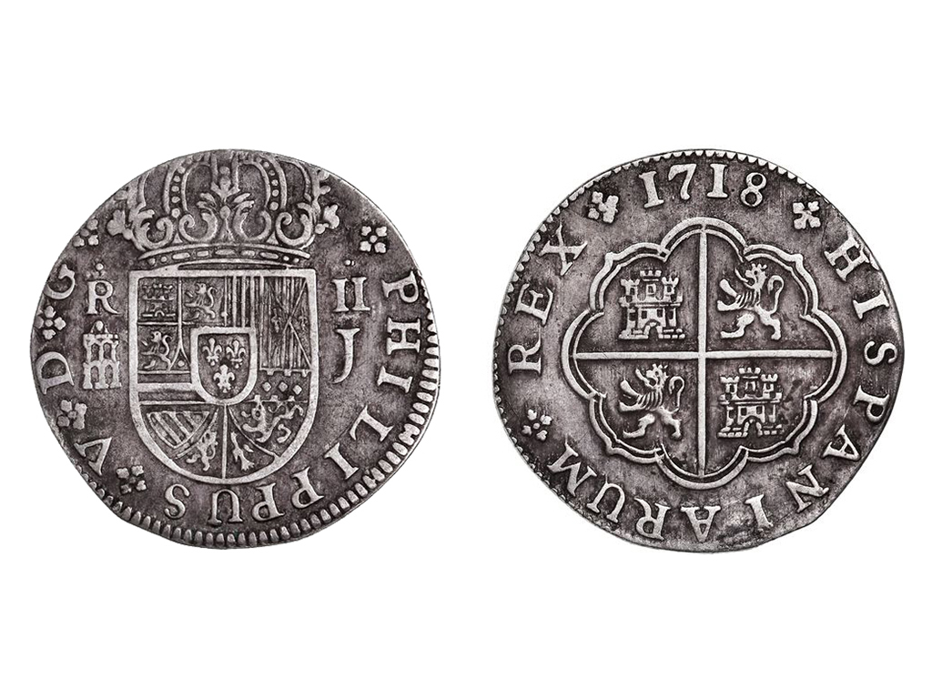 1718-J Spain Philip V Silver Two Reales – VF