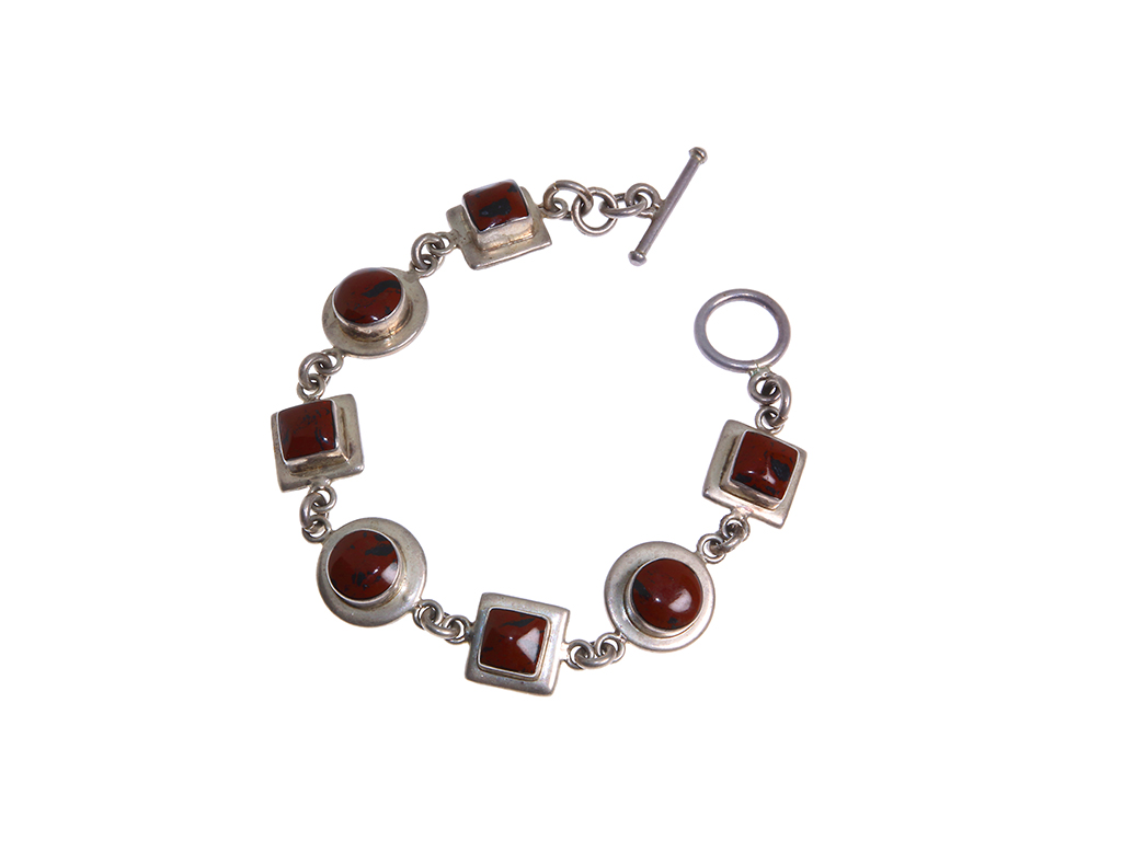 Vintage Mexican Sterling Silver & Mahogany Obsidian Toggle Bracelet