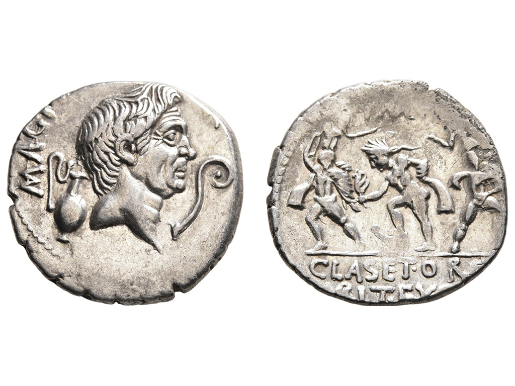 43-35BC Sextus Pompey Silver Denarius – EF