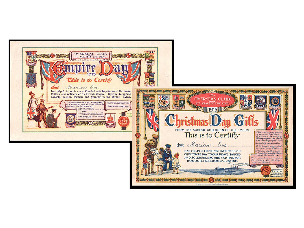 1915 Overseas Club Empire & Christmas Day Gifts Certificates (2) – gVF