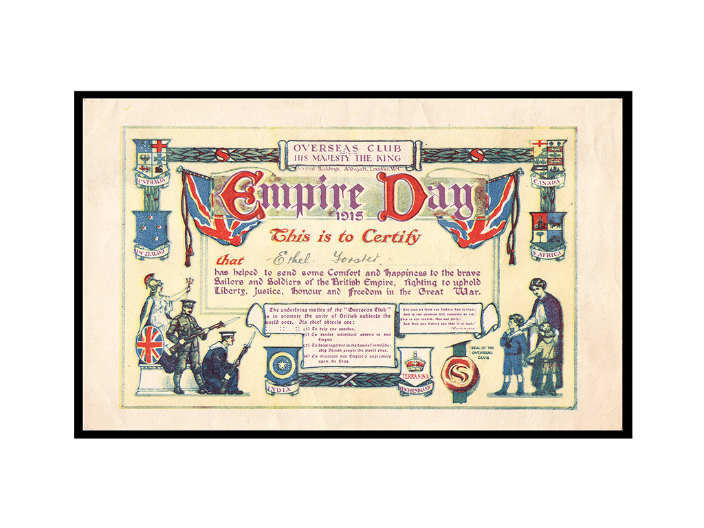 1915 Overseas Club Empire Day Gifts Certificate – aEF