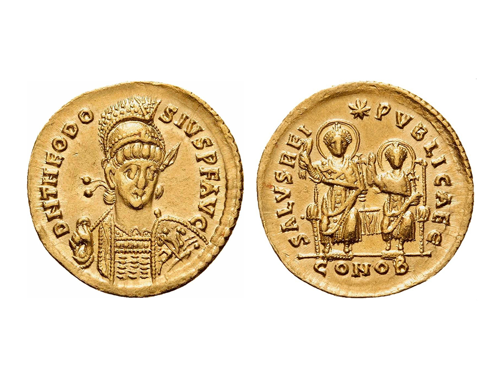 402–450AD Theodosius II Gold Solidus – EF