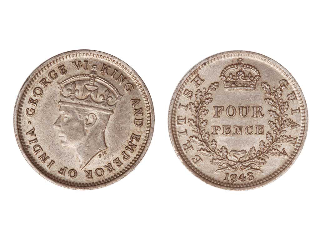 1943 British Guiana George VI Silver Four Pence – aUnc