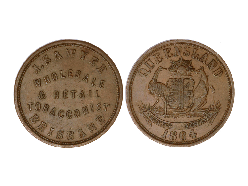 1864 Australia QLD Brisbane J. Sawyer Penny Token – aEF