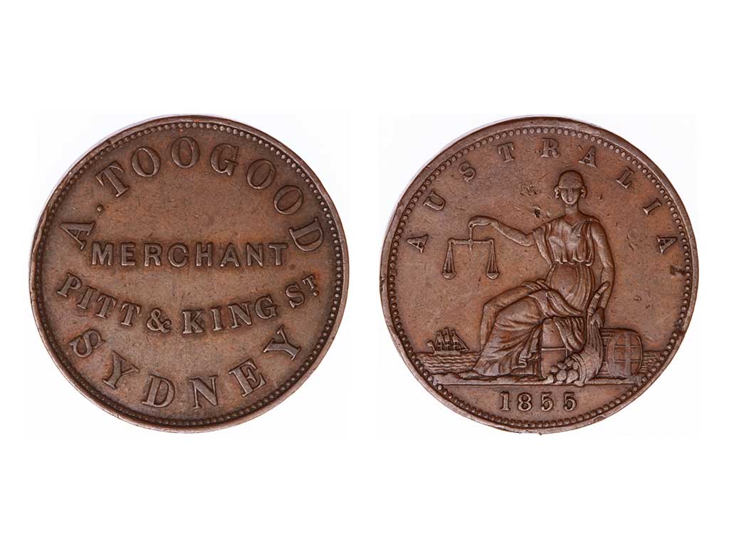 1855 Australia NSW Sydney A Toogood Penny Token – gVF