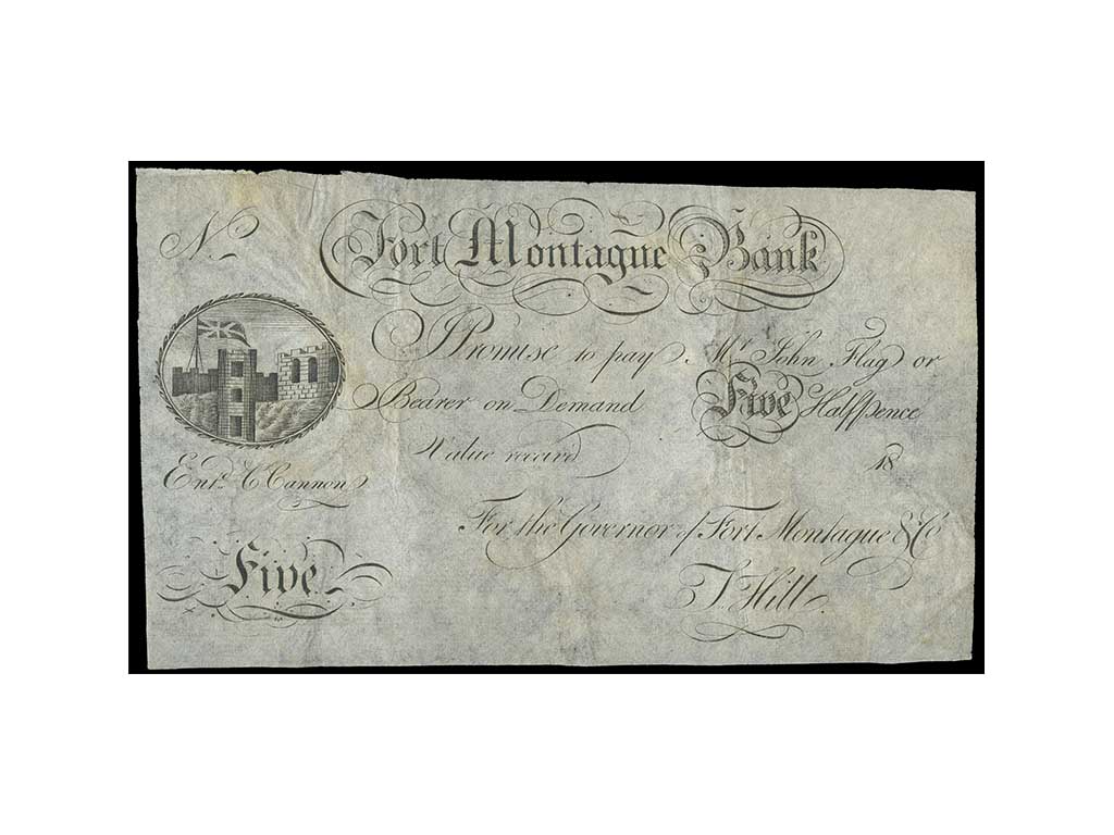 1800-20  Great Britain Fort Montague Bank Five Halfpence Skit Note – VF